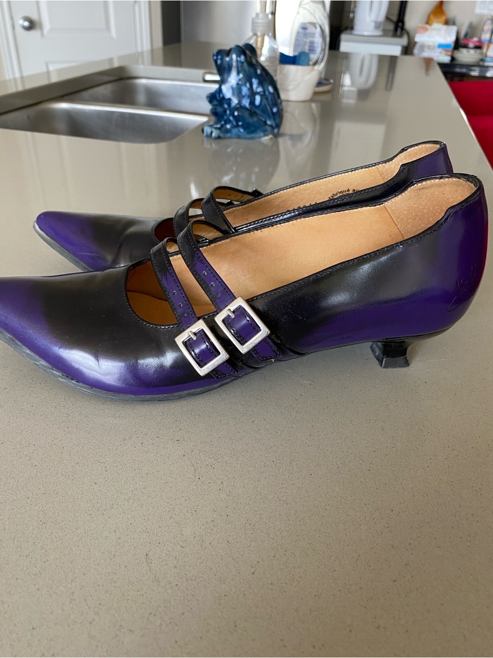 John Fluevog Purple and Black Double-Buckle Mary Jane Kitten Heels